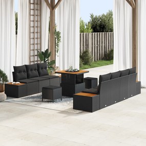 Conjunto de Sofás de Jardim de 10 Peças com Almofadas Preto Vime Poli