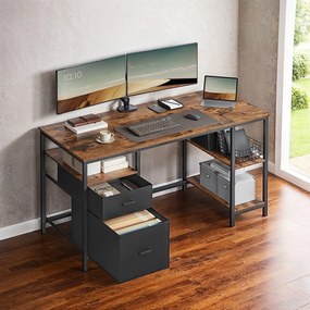 Secretaria com 3 prateleiras e 2 gavetas, 60 x 140 x 76 cm (T x B x H) castanho vintage-preto