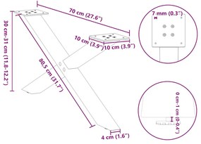Pés para mesa de centro em formato de X, 2 peças, preto, 70x(30-31) cm