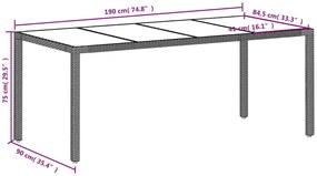 Mesa de jardim c/ tampo vidro 190x90x75 cm vime PE cinza-claro