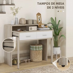 Mesa Consola de Entrada de 2 Níveis com Trilhos Deslizantes 2 Gavetas 2 Rodas Móvel de Entrada 95x35x87 cm Madeira e Branco