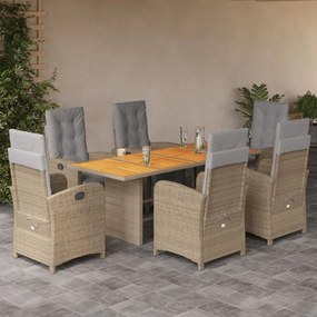 vidaXL 7 pcs conjunto de jantar p/ jardim com almofadões vime PE bege
