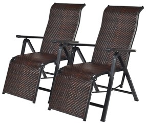 Conjunto de 2 espreguiçadeiras jardim de rattan para exterior dobrável com encosto ajustável para jardim, pátio, praia, interior, Castanho