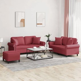 vidaXL 3 pcs conjunto sofás c/ almofadas couro artif. vermelho tinto