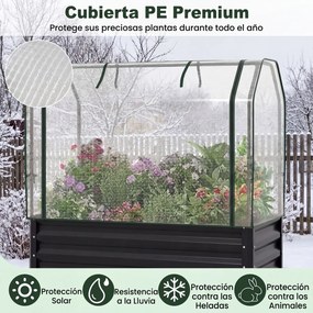 Floreira elevada com estufa 112 x 55 x 152 cm, canteiro de jardim em metal galvanizado com cobertura de proteção e porta enrolável para pátio, terraço