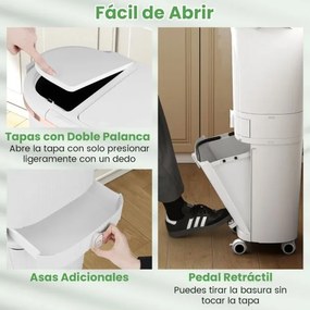Caixote do lixo de 42 L com 2 caixotes removíveis, gaveta com pedal e rodas para sala, cozinha e casa de banho, branco