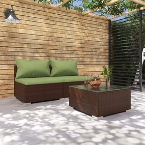 vidaXL 3 pcs conjunto lounge jardim c/ almofadões vime PE castanho