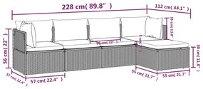 5 pcs conjunto lounge de jardim c/ almofadões vime PE cinzento
