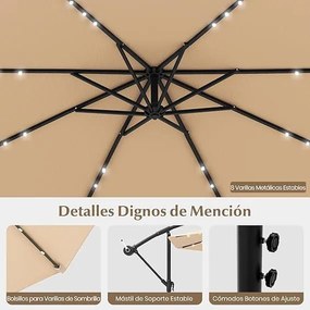 Guarda-sol de jardim Ø 3 m com 40 luzes LED solares, inclinável com manivela, com base saco de areia, proteção UV impermeável, bege