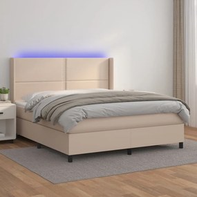 vidaXL Cama box spring c/colchão/LED 160x200cm couro artif. cappuccino