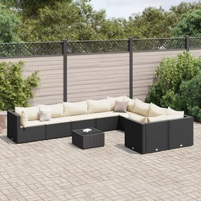 vidaXL 10 pcs conjunto sofás de jardim c/ almofadões vime PE preto