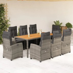 vidaXL 9 pcs conjunto de jantar p/ jardim c/ almofadões vime PE cinza
