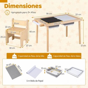 Conjunto de Mesa de Atividades Infantil com Cadeira, 86 x 55 x 51 cm, Multifuncional 6 em 1, Natural