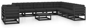 vidaXL 11 pcs conjunto longue jardim c/ almofadões pinho maciço preto