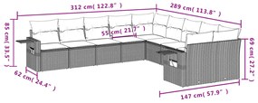 10 pcs conj. sofás jardim com almofadões vime PE cinzento-claro