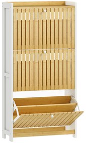 HOMCOM Sapateira Estreita com 3 Portas de Bambu Prateleiras Ajustáveis para 18 Pares de Sapatos 60x24x118 cm Branco e Madeira | Aosom Portugal