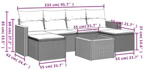 7 pcs conjunto sofás p/ jardim c/ almofadões vime PE cinzento