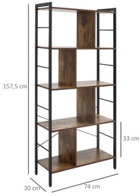 Estante para Livros de 4 Níveis com 8 Compartimentos de Armazenamento Estilo Industrial para Sala de Estar Escritório Dormitório 74x30x157,5cm Marrom