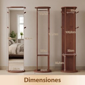 Espelho giratório 3 em 1 com cabideiro, estantes e ganchos – organizador para quarto – 44 x 168 cm – Castanho