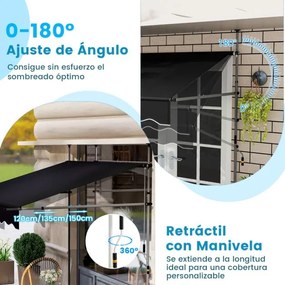Toldo retrátil manual 2 m x 3 m Toldo exterior com altura ajustável Manivela e sem perfuração para janela Porta Terraço Preto