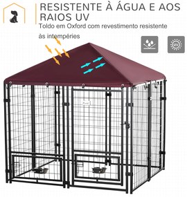 Canil para Cães com 8 Painéis 2 Suportes Giratórios para Comida 2 Tigelas e Toldo Impermeável 141x141x153 cm Preto e Vermelho