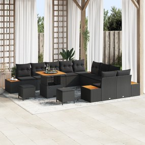 Conjunto de Sofás de Jardim vidaXL com 13 Peças com Almofadas Preto Rattan Sintético Acácia