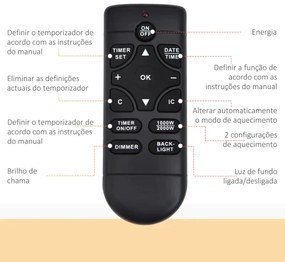 Lareira Elétrica de Parede com Potência 900W/1800W com Controlo Remoto