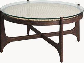 Mesa de centro redonda em madeira de manga artesanal com tampo em vidro Nossen