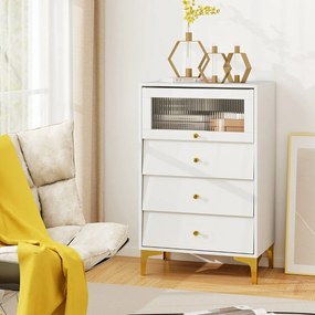 Cómoda 3 gavetas moderna 60 x 40 x 95,5 cm cm com porta de vidro canelado e gavetas extraíveis Pernas metálicas Branca