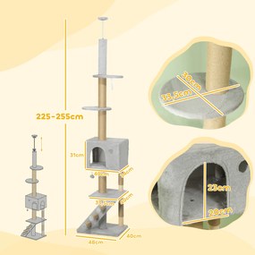 Arranhador para Gatos do Chão ao Teto de 225-265 cm  com Altura Ajustável Múltiplas Plataformas Escada Bola Suspensa Cinza Claro