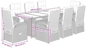 9 pcs conjunto de jantar p/ jardim c/ almofadões vime PE preto