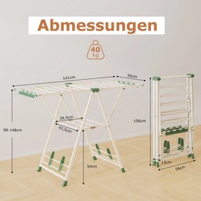 Estendal dobrável 141 x 56 x 99–148 cm com braços ajustáveis, pinças para meias e prateleira para sapatos, estendal independente para roupa, cor bege