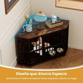 Gaiola de canto para cães 114 x 60 x 68 cm com comedouro ajustável, 2 tigelas de aço inoxidável, porta com fechadura e pés ajustáveis, castanho