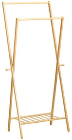 HOMCOM Suporte para Cabides de Bambu Porta Cabides com Prateleira para Sapatos 2 Barras e 2 Ganchos para Corredor Entrada Dormitório 74x42x150 cm Madeira
