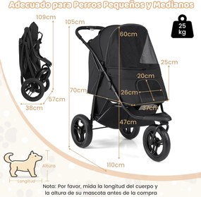 Carrinho de 3 rodas para cães pequenos e médios dobrável para animais de estimação com rodas todo-o-terreno Travão Capota ajustável Preto