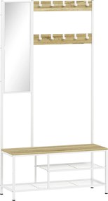 HOMCOM Móvel Cabide de Entrada com Espelho e Sapateira 4 em 1 com 3 Prateleiras Banco 10 Ganchos 98x34x186 cm Madeira | Aosom Portugal