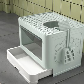 Caixa de Areia para Gatos Amovível com Pá Escova 2 Portas Entrada Principal e Saída Superior 48,5x38x36,5 cm Verde Claro