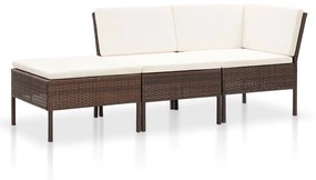 vidaXL 3 pcs conjunto lounge jardim c/ almofadões vime PE castanho