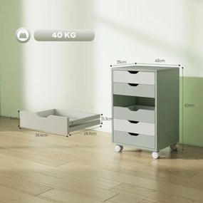 Bloco de Gavetas Móvel Arquivador com 6 Gavetas Suporte para Impressora com Rodas 40x35x63 cm Verde e Branco