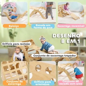 Triângulo de Escalar de Madeira 8 em 1 Jogo de Aprendizagem com Rampa Escada em Forma de Arco 175x59,5x60 cm Madeira