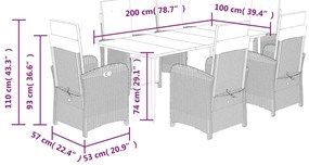 7 pcs conjunto de jantar p/ jardim c/ almofadões vime PE cinza