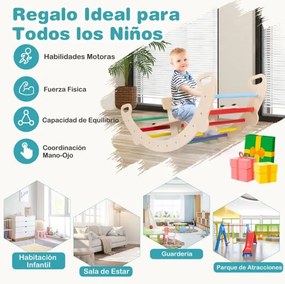 Brinquedo de trepar para crianças em madeira para interior 4 em 1 com arco de trepar, baloiço, túnel de gatinhar, encosto e assento lisos Multicolorid