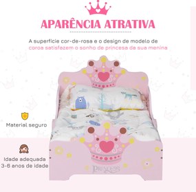 Cama Infantil +3 Anos 143x73x60 cm com Estampado Coroa Carga 50 kg para Quarto Rosa