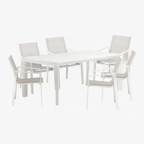 Conjunto De Mesa Extensível Retangular Starmi, 180-240x100 Cm, Feito De Alumínio E 6 Cadeiras De Jardim Eika. Gardénia Branco - Sklum