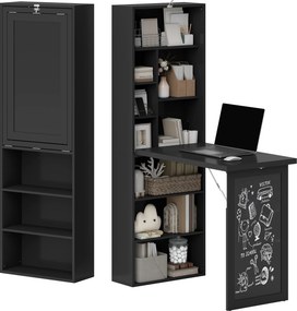 Secretária dobrável com estante, posto de trabalho, quadro negro e prateleira ajustável, 98 x 51 x 153 cm, preta