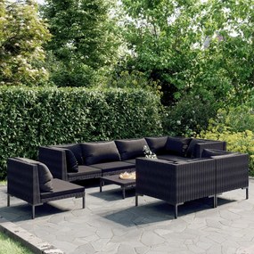 vidaXL 9 pcs conj. lounge jardim c/ almofadões vime PE cinza-escuro