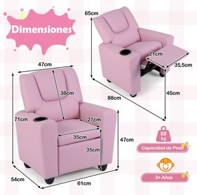 Poltrona reclinável para crianças em veludo, com porta-copos e apoio para os pés ajustável, para sala de estar ou área de jogos, a partir dos 3 anos R
