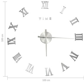 Relógio de parede 3D com design moderno 100 cm XXL prateado