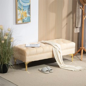 Banco estofado para colocar ao pé da cama, estilo clássico-chique, dim. 118 x 45 x 42 cm, pés em metal dourado, veludo bege
