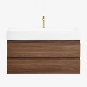 Conjunto De Móvel De Casa De Banho Suspenso Em Madeira E Folha De Freixo Com Lavatório Integrado Ona Madeira Escura & Sem Espelho - Sklum